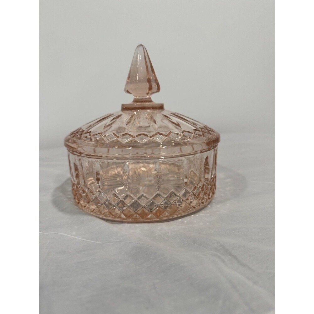 Vintage Indiana Glass Princess Pink Depression Candy Dish w Lid Diamond Point - Picture 2 of 4